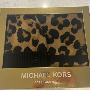 Michael Kors Black and Tan Animal Print Scarf and Hat